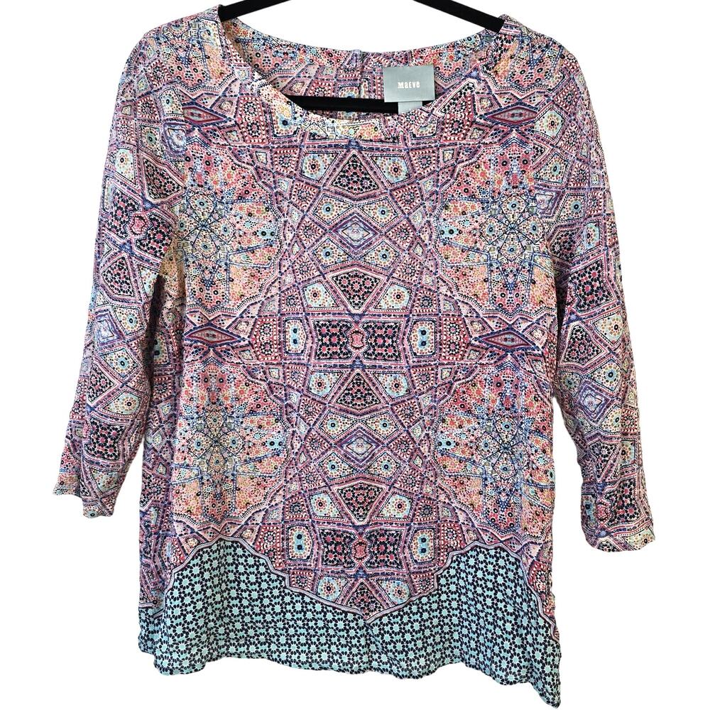 Maeve Sidney Silk Blouse Womens 4 Multi Mosaic Mixed Print Button Back Boho Chic